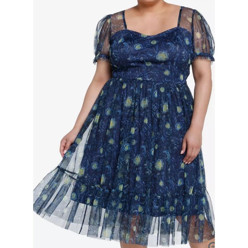 Hot Topic Thorn & Fable Starry Nights Mesh Puff Sleeve Dress New Plus Size 1 - Picture 1 of 8